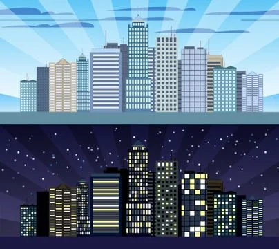 Cityscape tileable border day and night Stock Illustration
