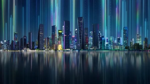 Cityscape transforming with glowing lines of data Stock Footage 286200915