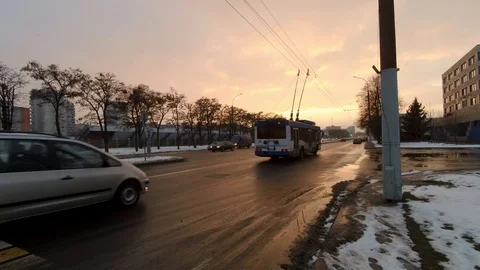 Cityscape, transport movement, beautiful winter sunset, 4k Stock Footage