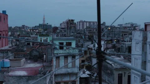 Cityscape with typical old cuban architecture in blue dusk light, Cuba Stock Footage 142211265
