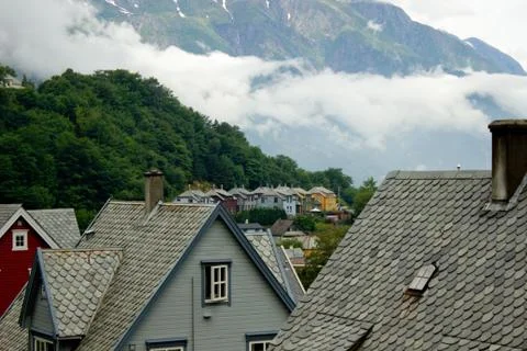 Cityscape of Tyssedal village near Odda,Norway,houses with old norwegian Stock Photos