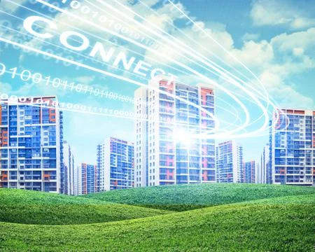Cityscape under cloudy blue sky Ilustración de archivo