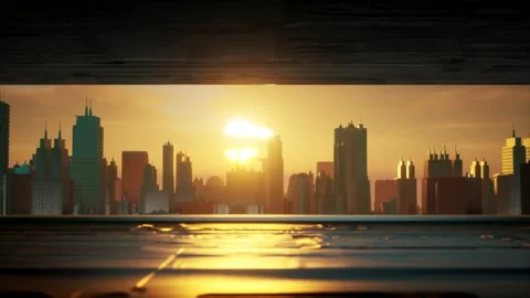 Cityscape view animation with wide camera look angle and sunset behind city  Stock Footage 258809774