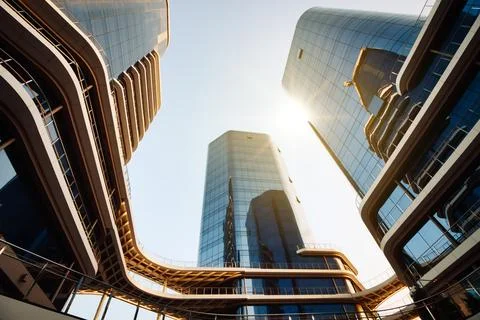 Cityscape view from below looking directly up at tall high-rise modern busi.. Stock Photos