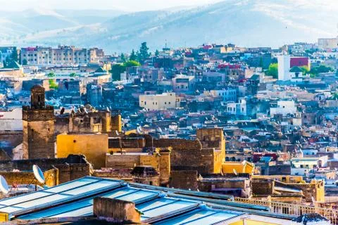 Cityscape View over the rooftops of largest medina in Fes, Morocco, Africa Stock Photos