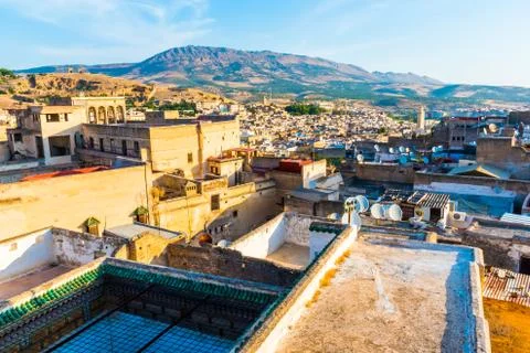 Cityscape View over the rooftops of largest medina in Fes, Morocco, Africa Stock Photos
