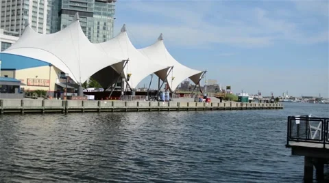 Cityscape of Water Flowing at Urban Concert Theater Harbor Pier Stock Footage 59132901