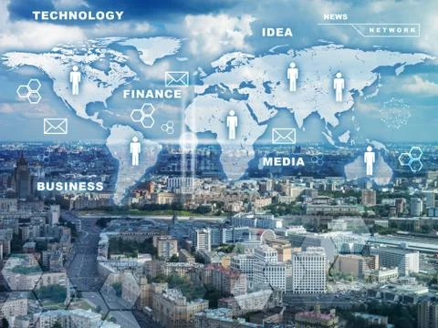 Cityscape with world map Stock Illustration