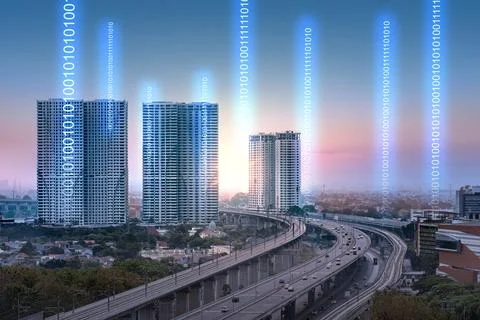Cityscapes with binary code. Network connection 库存照片