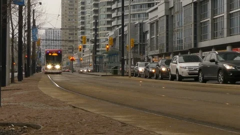 Cityscspe tramway train Toronto Canada March 2018 Stock Footage 88504876