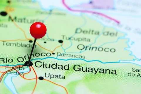 Ciudad Guayana pinned on a map of Venezuela Stock Photos