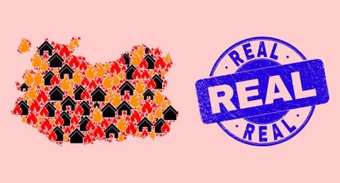 Ciudad Real Province Map Composition of Flame and Houses and Textured Real Stamp Ilustração Stock