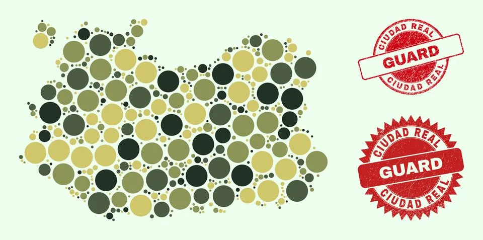 Ciudad Real Province Map Composition with Camo Military Round Items with Grunge Stock Illustration