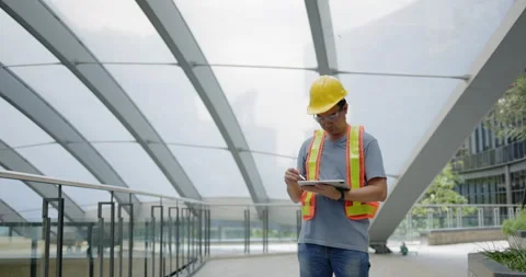 Civil construction engineer is standing and using tablet to check construction Stock Footage 164982551