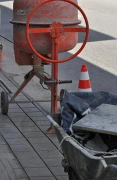 Civil construction work, repair of a sidewalk on a city street Stock Photos