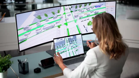 Civil Engineer Analyzes 3D Traffic Data Stock Footage 345854131