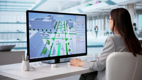 Civil Engineer Analyzes Traffic Flow Using 3D Mapping Software Stock Footage 331159574