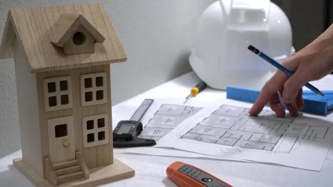 Civil engineer architech writing reading blueprints and looking at scale model Stock Footage 258423066