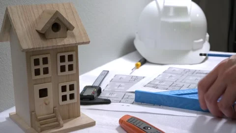 Civil engineer architech writing reading blueprints and looking at scale model Stock Footage 258423067