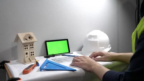 Civil engineer architech writing reading blueprints and looking at scale model Vidéo 258423509