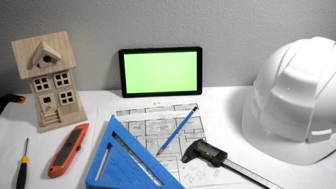 Civil engineer architech writing reading blueprints and looking at scale model Vidéo 258423515