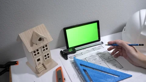 Civil engineer architech writing reading blueprints and looking at scale model Vidéo 258423516