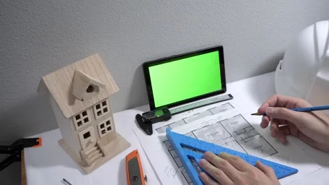 Civil engineer architech writing reading blueprints and looking at scale model Vidéo 258423518