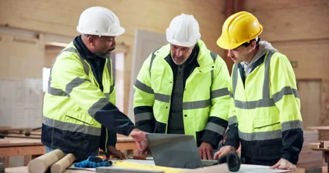 Civil engineer, documents and men with laptop in building, talk or renovation Stock Footage 338049137