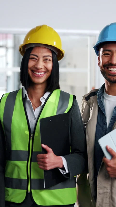 Civil engineer, face and team on construction site, smile and pride for building Stock Footage 342313231