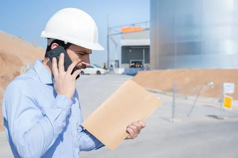 Civil engineer inspecting work, call to supervisor with smartphone and papers Stock Photos