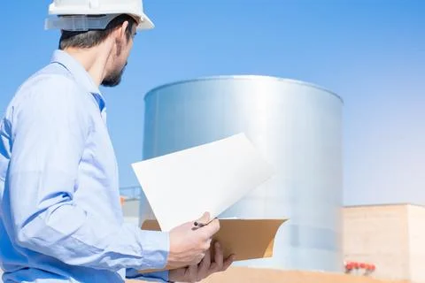 Civil engineer inspecting work at construction site with licenses and blueprints Stock Photos
