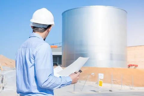 Civil engineer inspecting work with licenses and blueprints, standing outdoors Stock Photos