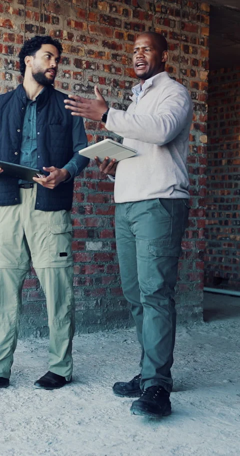 Civil engineer, inspection and men with tablet, building and idea for property Stock Footage 337021687