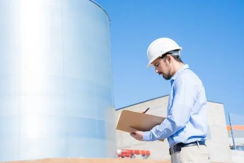 Civil engineer inspector control write a report outdoors at construction site Stock Photos