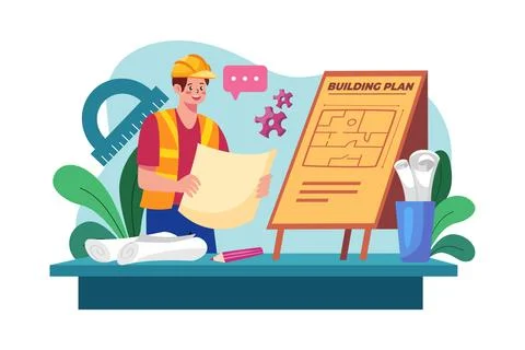 Civil engineer looking for building plan Ilustración de archivo