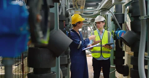 Civil engineer manager and foreman worker checking industry cooling air conditio Stock Footage 276395007