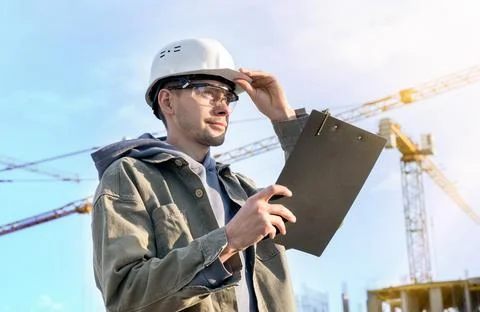 Civil engineer or architect on construction site checking schedule with tab.. Stock Photos