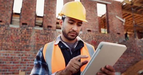 Civil engineer, scroll and man with tablet at construction site, online or Stock Photos