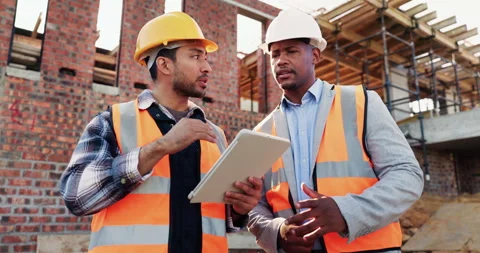 Civil engineer, scroll and men with tablet at construction site, architecture Stock Footage 336228094