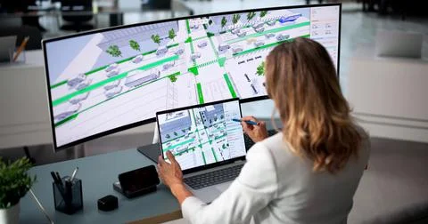 Civil Engineer Studies 3D Traffic Flow On Ultrawide Curved Desktop Computer. Stock Photos