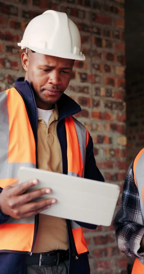 Civil engineer, teamwork and men with tablet in building, discussion or safety Stock Footage 336260544