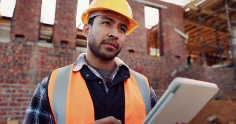 Civil engineer, thinking and man with tablet at construction site, architecture Stock Footage 336225229