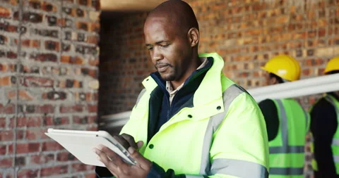 Civil engineer, thinking and man with tablet in construction site, research or Stock Footage 336793558