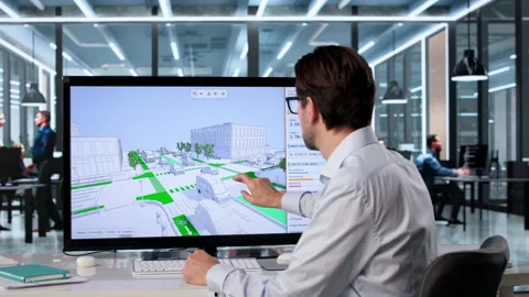 Civil Engineer Uses 3D Software Analyzing City Bike Lane Traffic Stock Footage 333847867