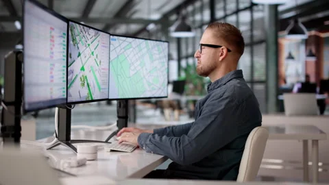 Civil Engineer Uses Software To Analyze Urban Traffic Flow Stock Footage 332494843
