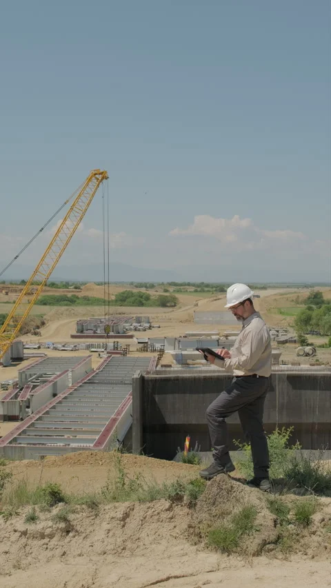 Civil engineer using rugged digital tablet to inspect highway viaduct const.. Stockbeeldmateriaal 338008911