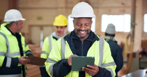 Civil engineer, walk and happy man with tablet in building, inspection or Stock Footage 337988515