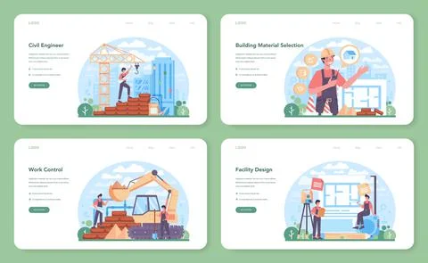 Civil engineer web banner or landing page set. Professional occupation Illustrazione stock