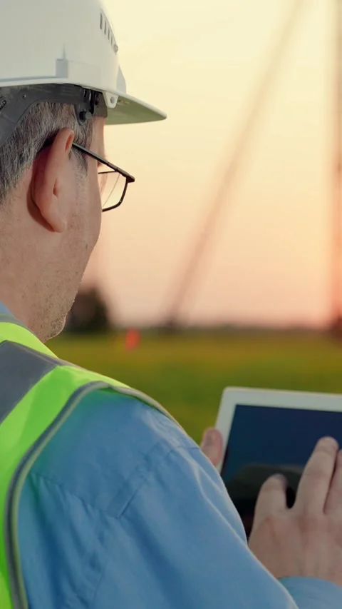Civil engineer working with tablet outdoors, specializing outdoor power supply Stock Footage 307542831
