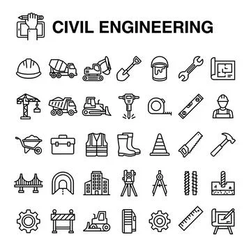 Civil Engineering icons set with construction equipment, tools, safety gear.. Ilustración de archivo